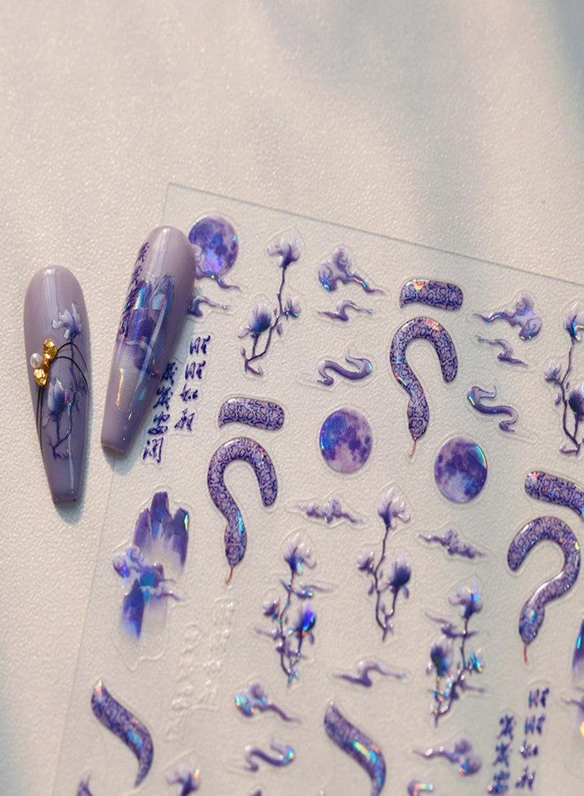Maigitur 5D Embossed Snake Nail Stickers Purple Nail Art Stickers Self-Adhesive Mountain Nail Decals Chinese Style for Nail Art Flower Moon Nail Supplies Spring Stickers for Women Girls DIY Manicure - Image 2